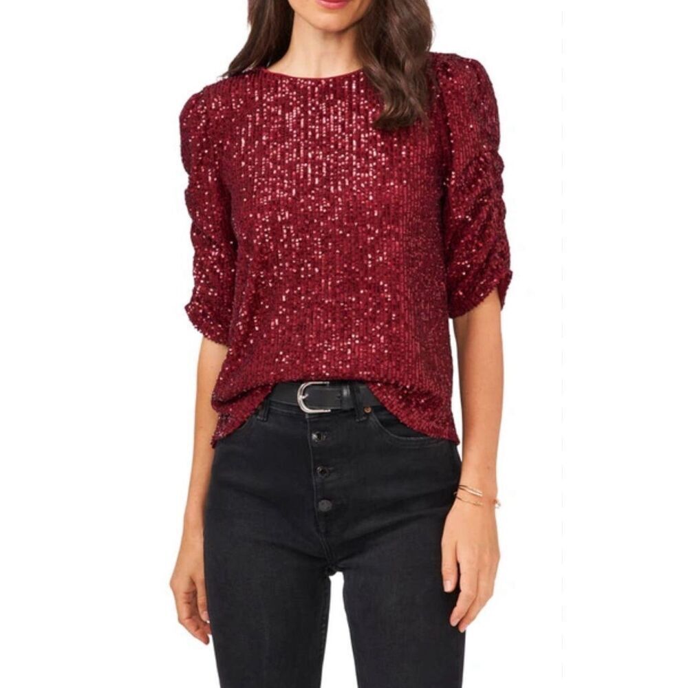 Vince Camuto Puff Sleeve Sequin Top | Dark Wine in Medium